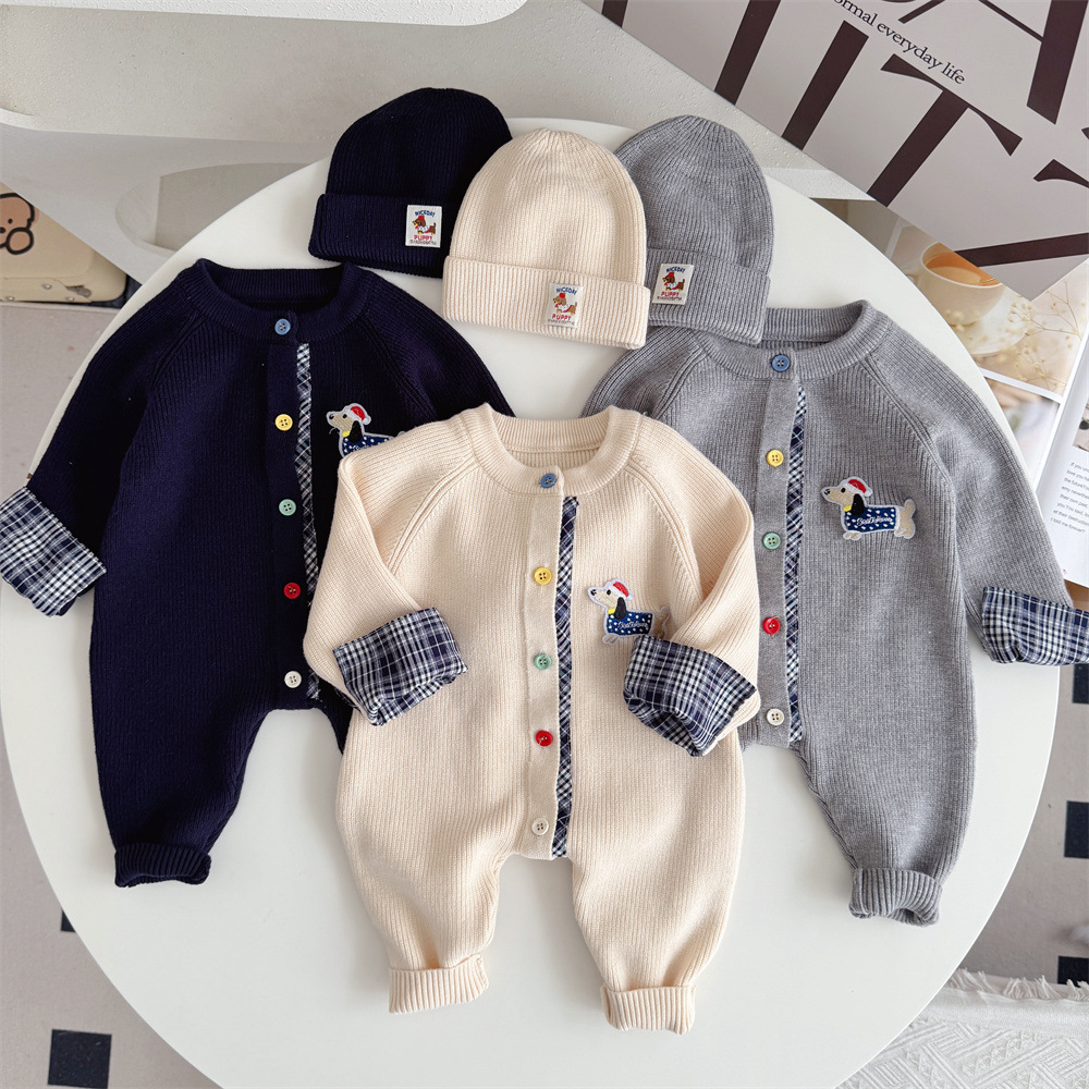 Trendy Knitted Wool Romper Two-piece Set Dachshund-themed Onesie