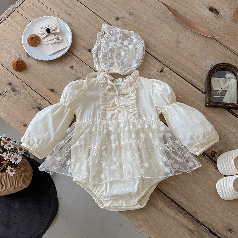 Sweet Baby Clothes Bodysuit, Pinafore Dress, Long-sleeve Soft Lace Romper, And Hat
