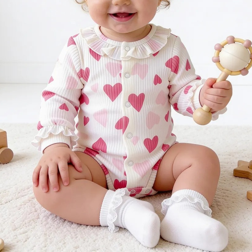 Baby Girl Cotton Ribbed Romper With Heart Print