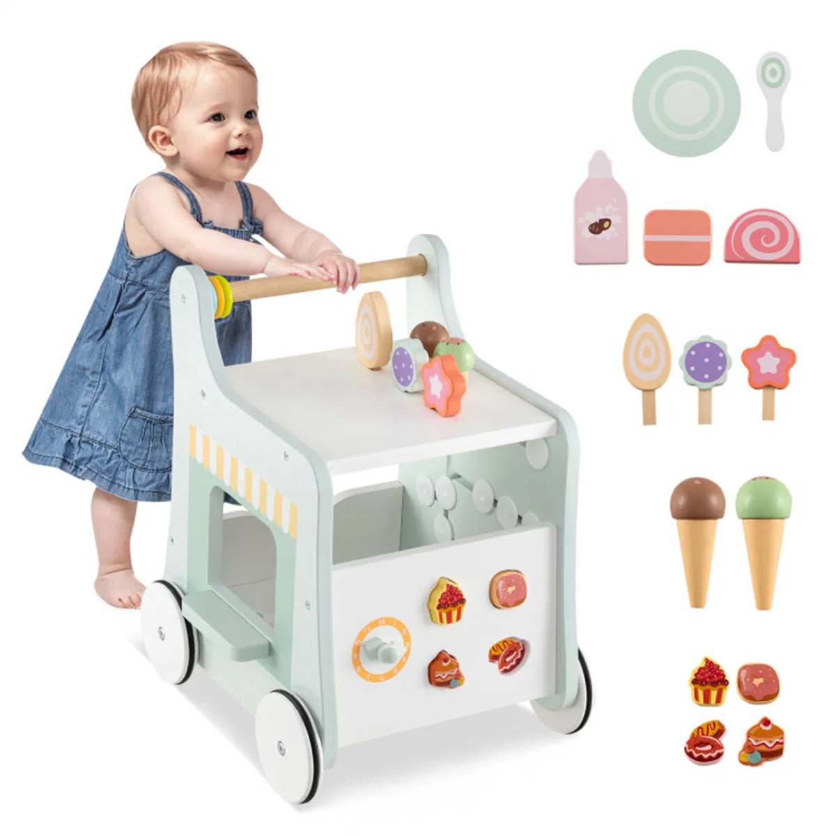 2-in-1 Baby Walker with 8 Fun Activities (Dessert Sorter/Adjustable Clock/Maze) + Side…