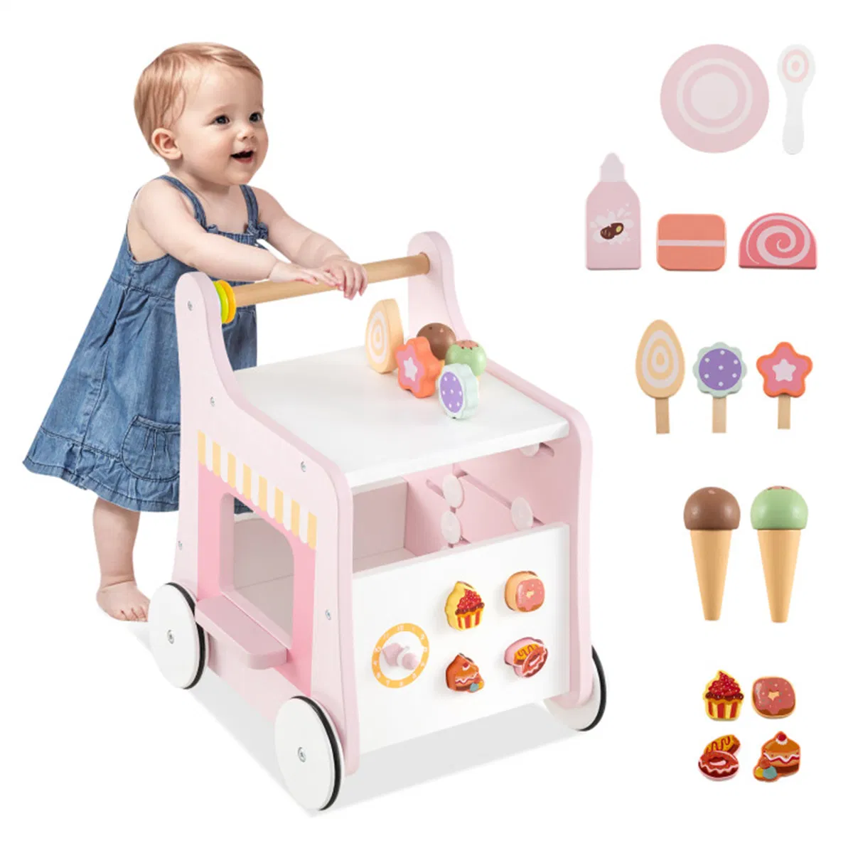 2-in-1 Baby Walker with 8 Fun Activities (Dessert Sorter/Adjustable Clock/Maze) + Side…