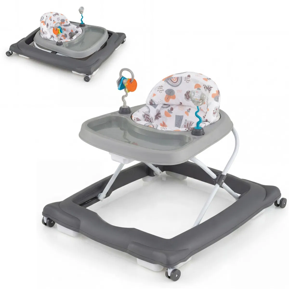 Grey Foldable Baby Walker with Detachable Tray & Shape Sorter Toys, 3-Level Height…