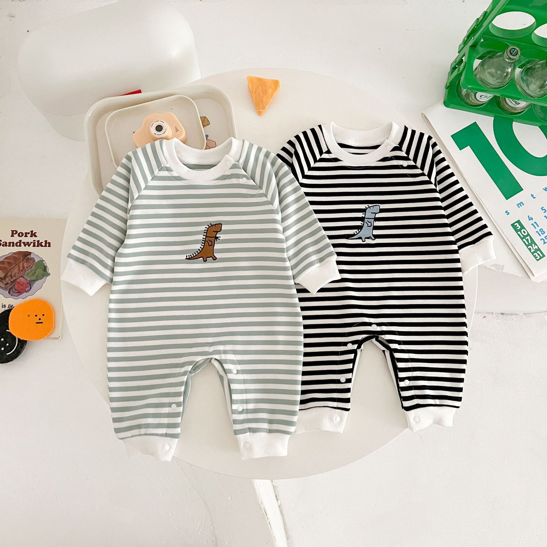 Springautumn Striped Dinosaur-embroidered Baby Romper For 0 2 year olds