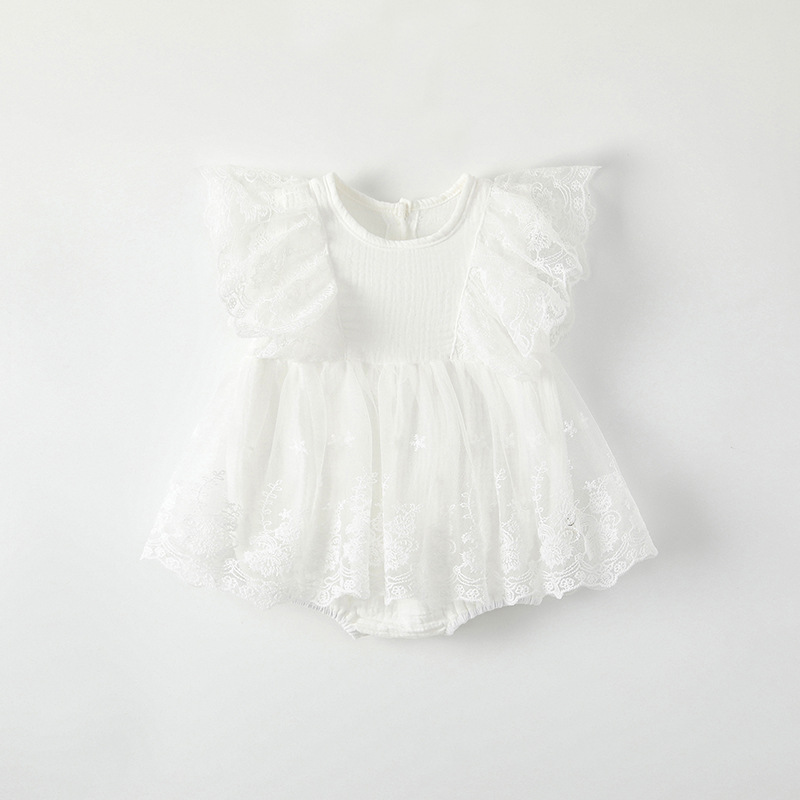 Cotton Romper With Lace And Mesh For Little Girls