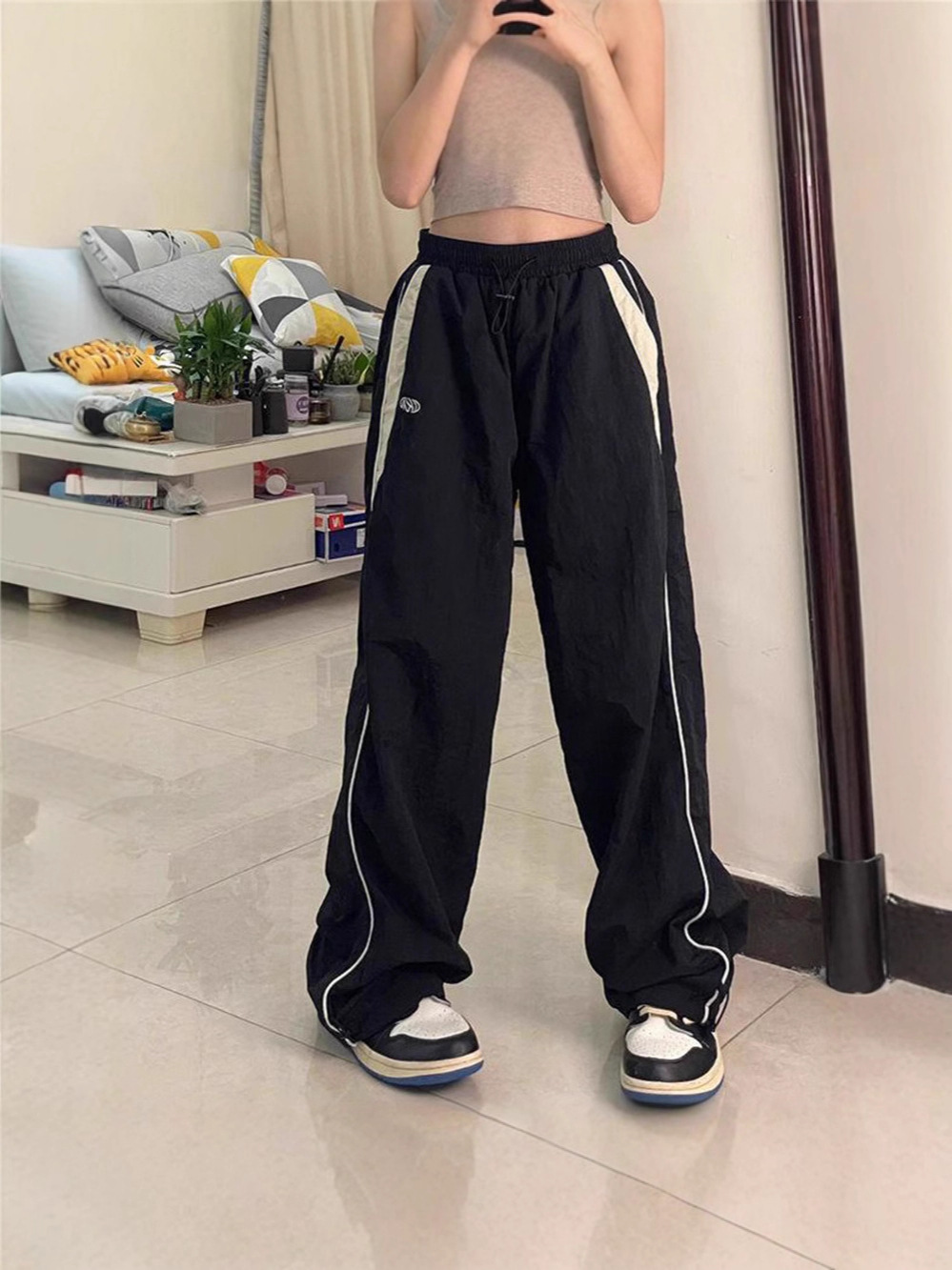 Harajuku Retro Street Casual Jogger Pants Hip-Hop Elastic Waist Sports Pants High-Waisted…