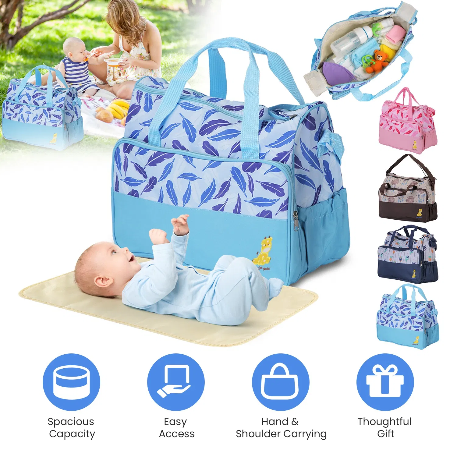 5-Pack Baby Nappy Diaper Bags Set Mummy Diaper Handbags with Diaper Pad Food Bag Bottle…