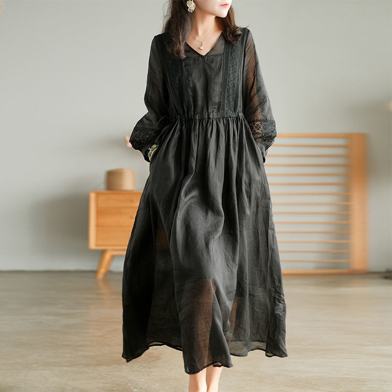 Comfortable And Fashionable Simple Seven-sleeve Artistic Style Lace-up Dress Long V-neck…