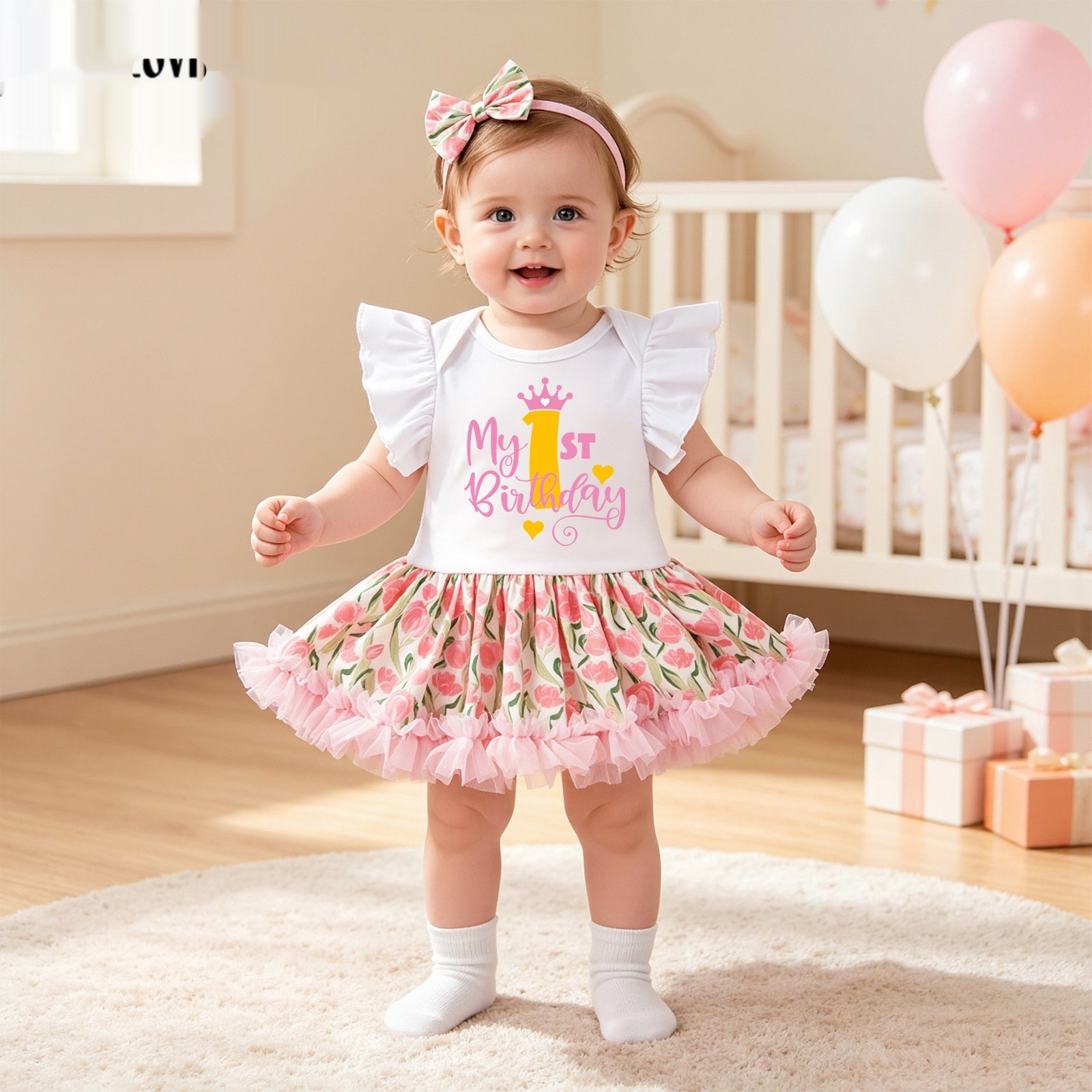 Birthday Outfit Flutter-Sleeve Romper Crawling Suit PP Pants And Bow Headband Set