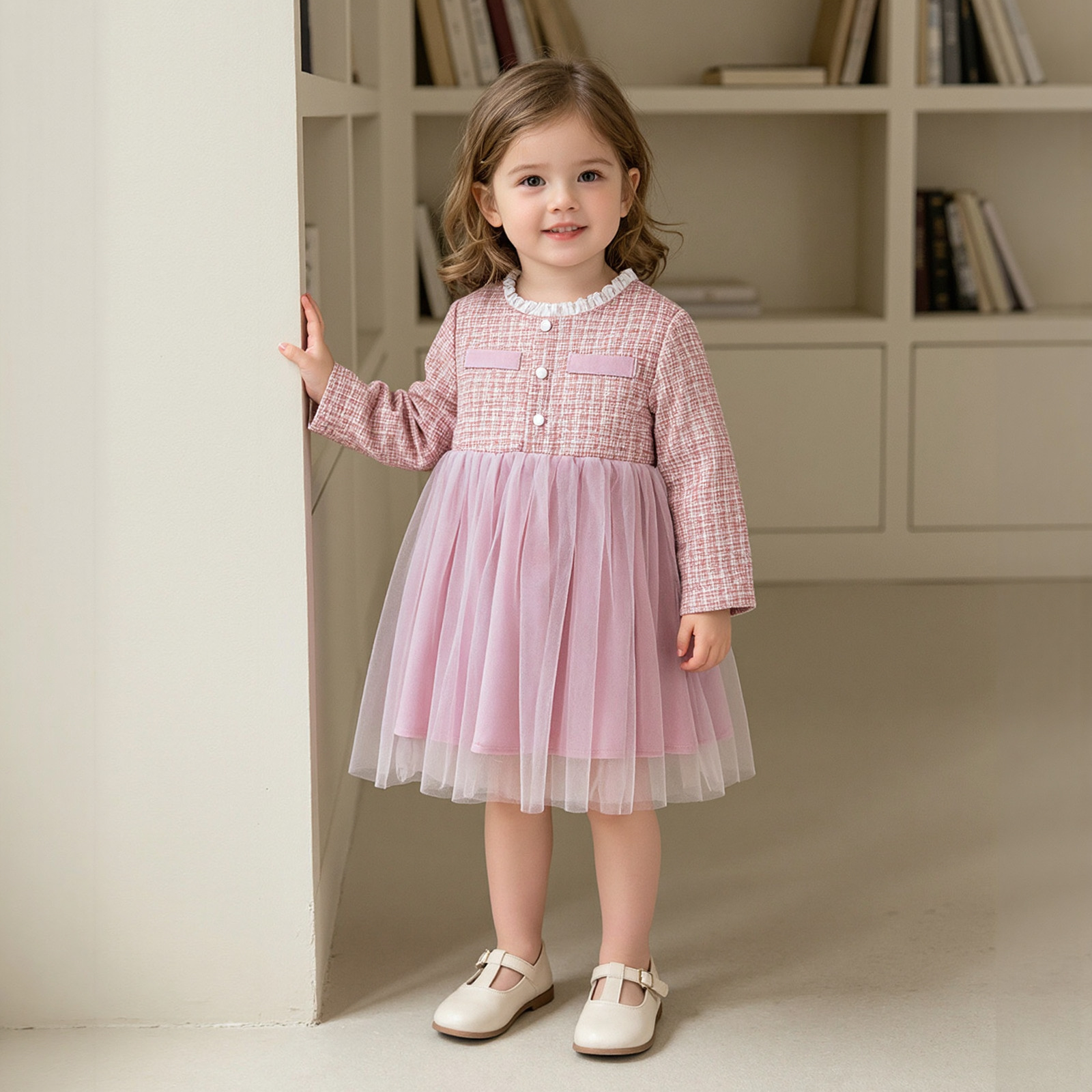 Autumnwinter Lace-neck Mesh Dress For Girls
