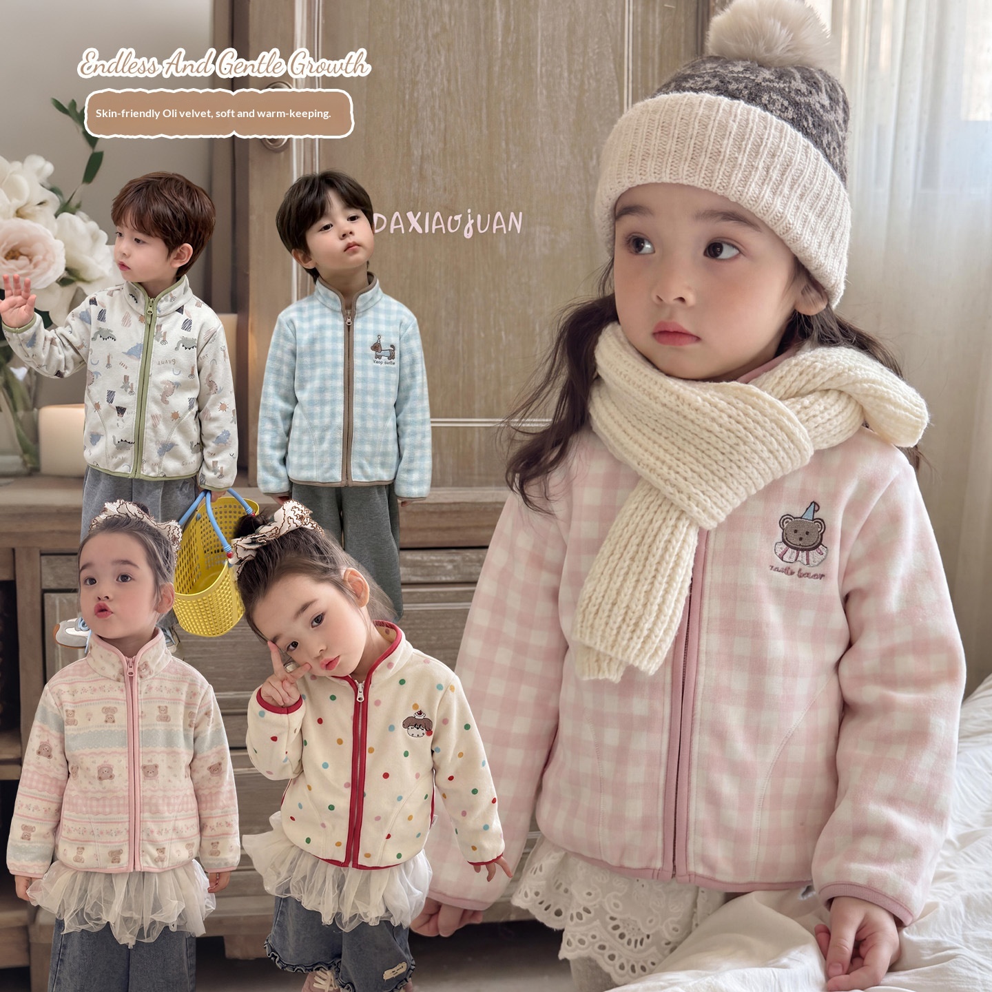 Kids' All-Over Print Cartoon Polar Fleece Zip-Up Stand-Collar Jacket