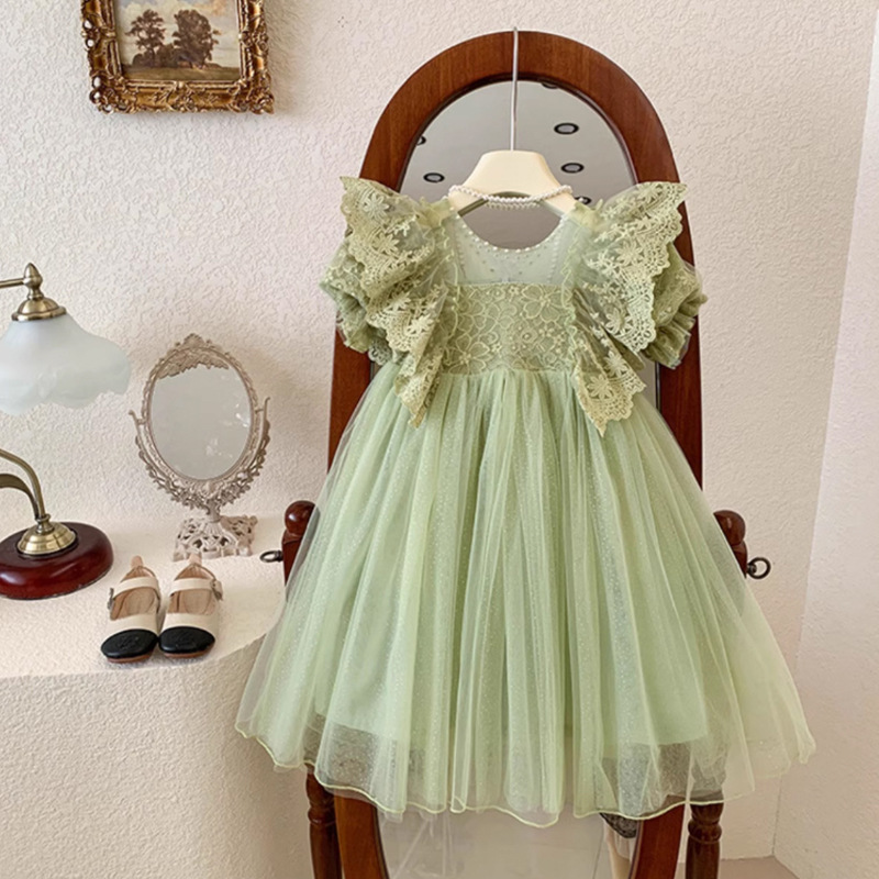 Green Tulle Fairy Dress Trendy Lace Puffy Princess Skirt For Babies