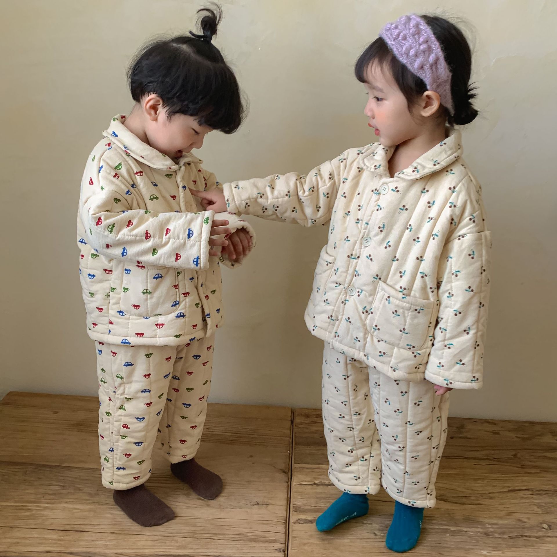 Fleece-Lined Three-Layer Quilted Pajama Set For Baby Girls And Boys