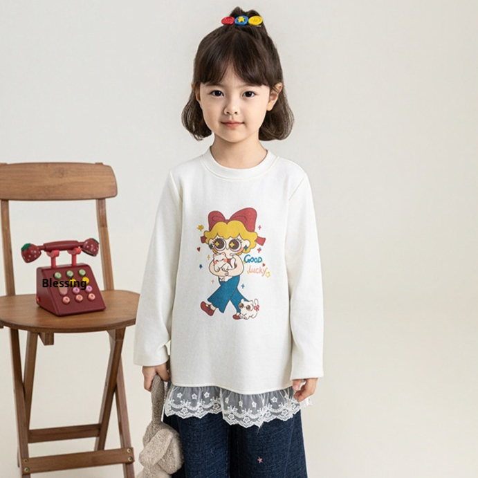 Girl's Printed Lace-trimmed Cotton Pullover