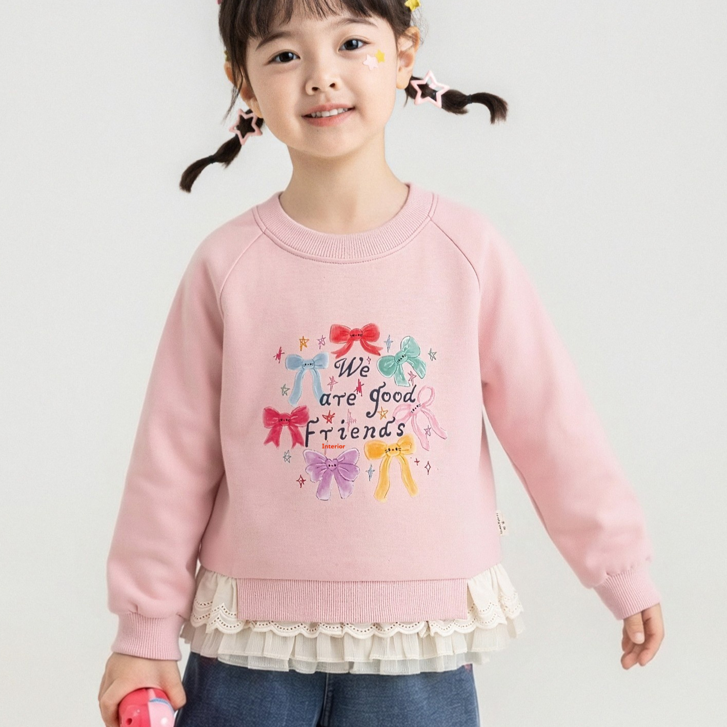 Cartoon-print Cotton Top With A Ruffled Hem And Lace Paneling Sweatshirt
