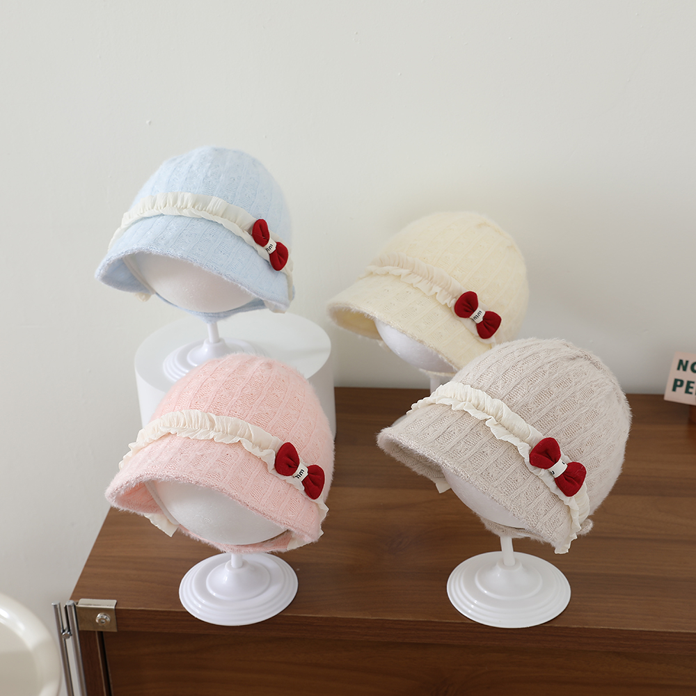 Sweet Style Children's Plush Beanie With Soft Wooden Earflaps And Pleated Edges, Red Bow…