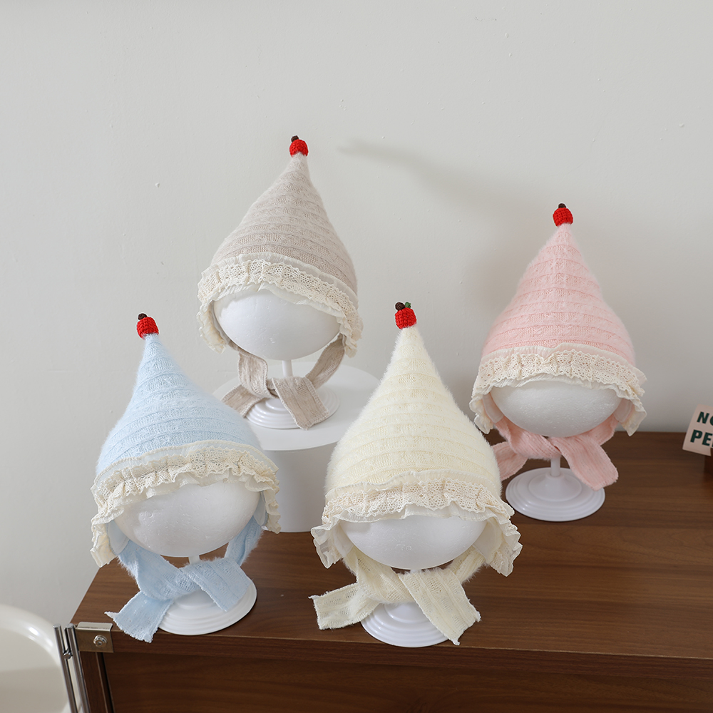 Sweet Style Baby Plush Pointed Hat With Baby Lace Trim And Drawstring Ear Protectors…