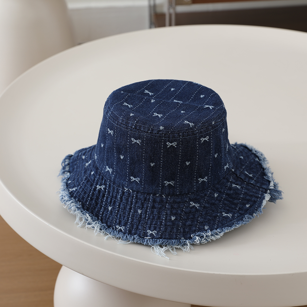 Full-printed Bow-shaped Heart Children's Denim Fisherman Hat, Washed And Distressed…