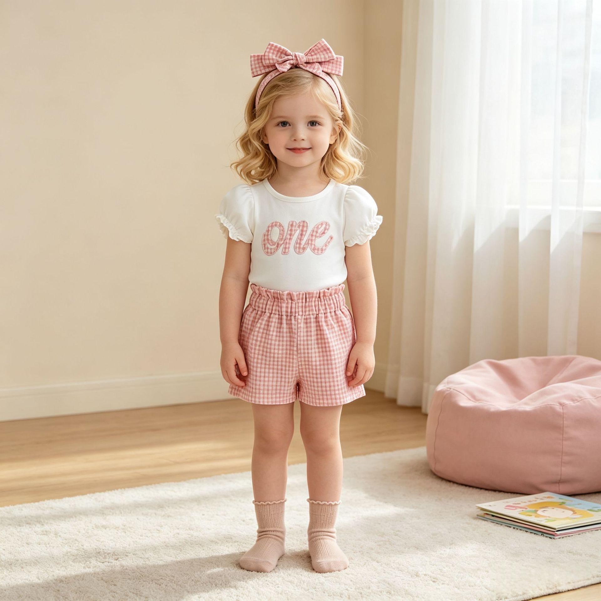 Style Girls Plaid Birthday Romper And Shorts With Headscarf Set