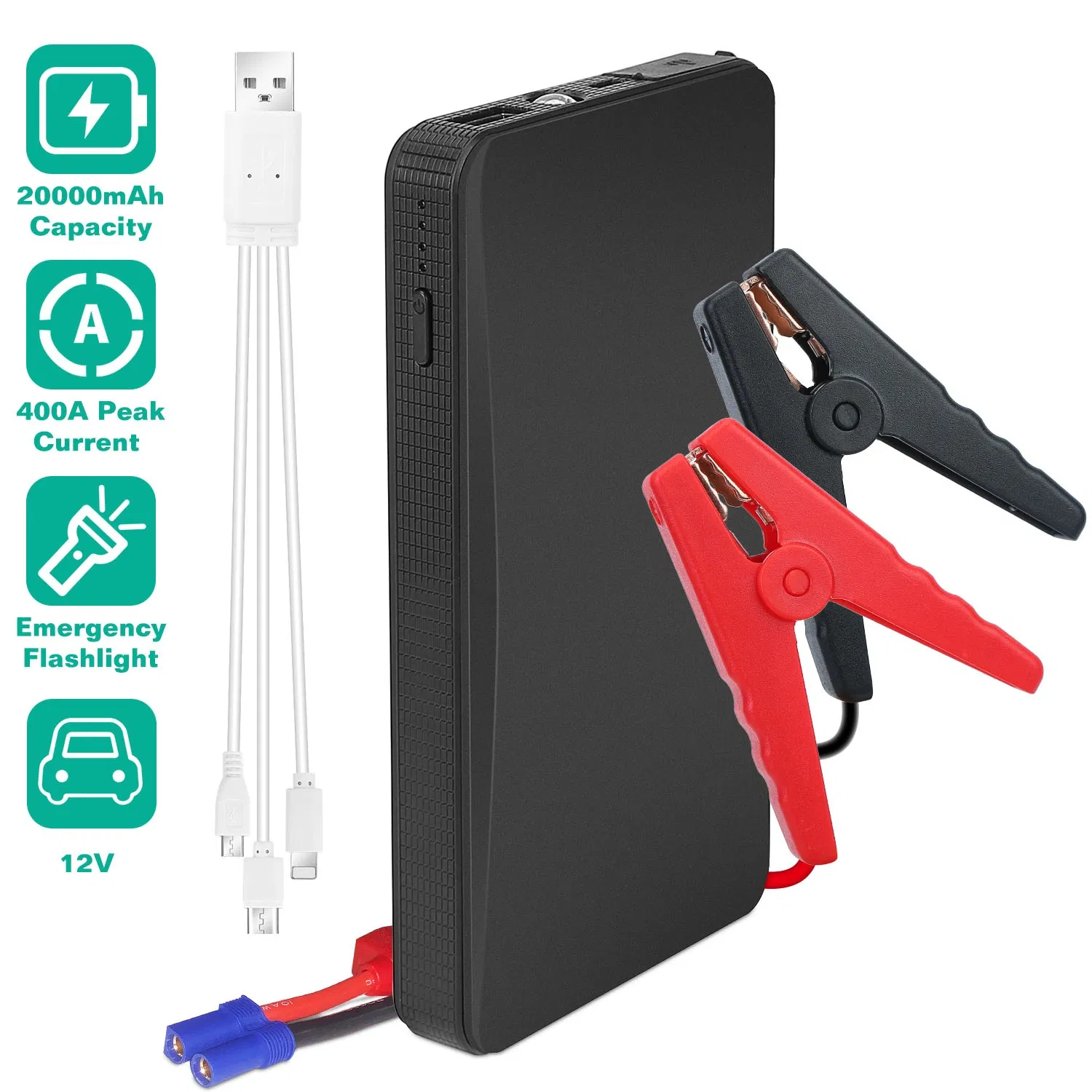 400A Peak Car Jump Starter 20000mAh - For Up to 2.0L Gas Vehicles, Portable USB 5V/2A…