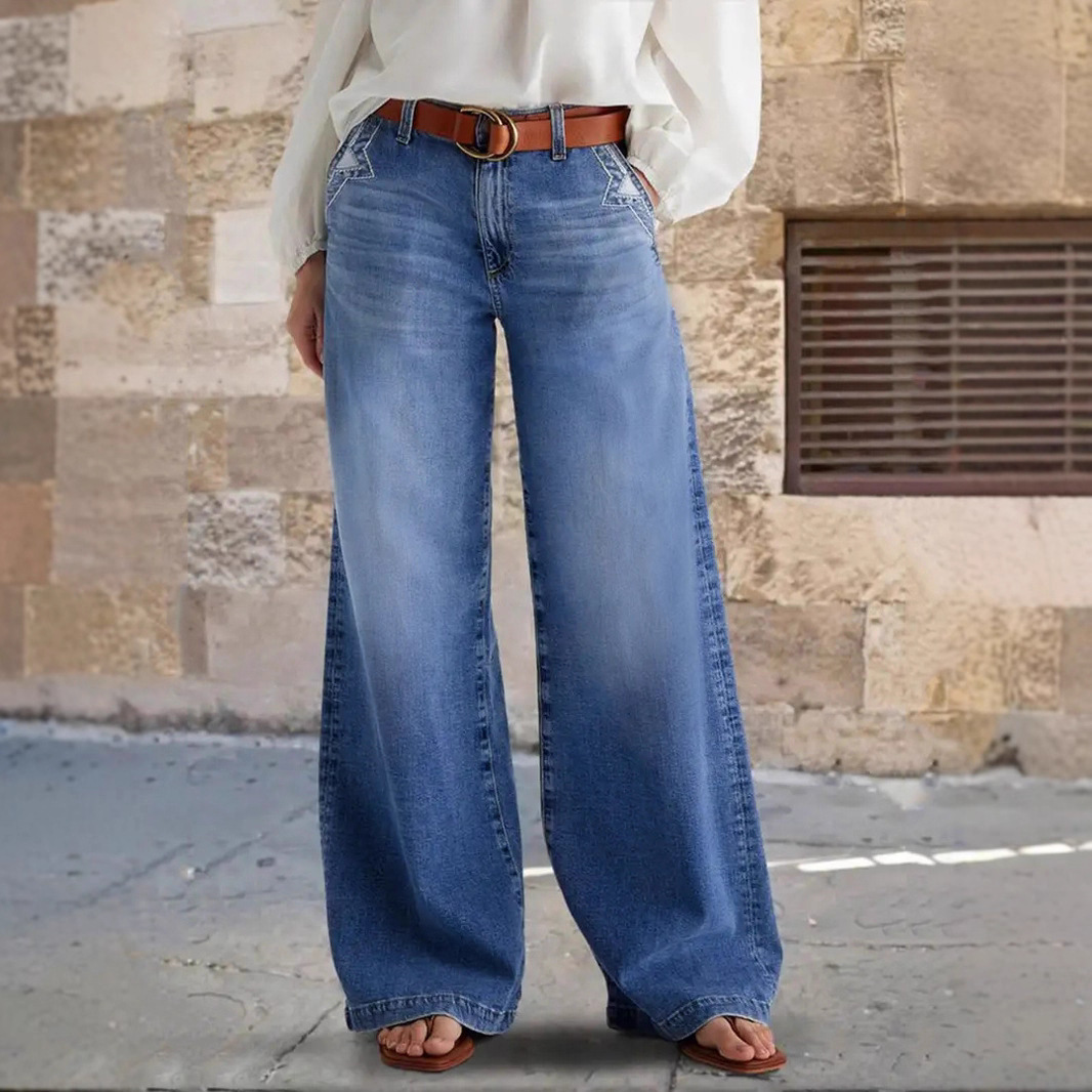 Cross-Border European And American Standard Jeans Wide-Leg Embroidered Mid-Waist Denim Pants