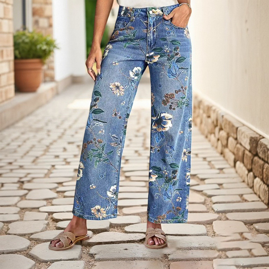 American-Style Cross-Border Women's Printed Denim Spring And Autumn Straight Wide-Leg Pants Denim City Foreign Trade Fashion In Stock