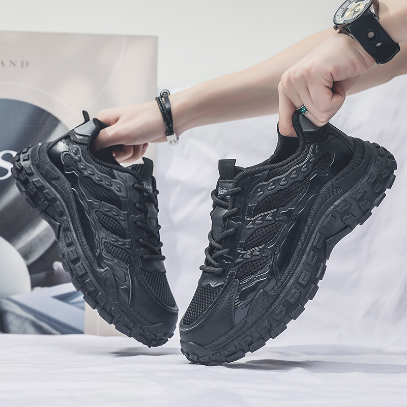 Men Black Safety Work Sneakers, Breathable Anti-slip Tire Sole Height Boost Trendy Dad…