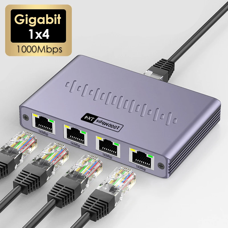 1000Mbps Ethernet 1x4 Splitter Gigabit RJ45 Cat6 LAN Internet 1 in 4 out Extension…