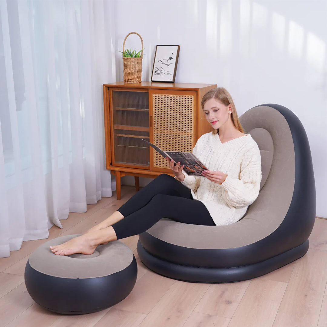 Inflatable Lounge Chair With Footrest, Soft Flocked Surface