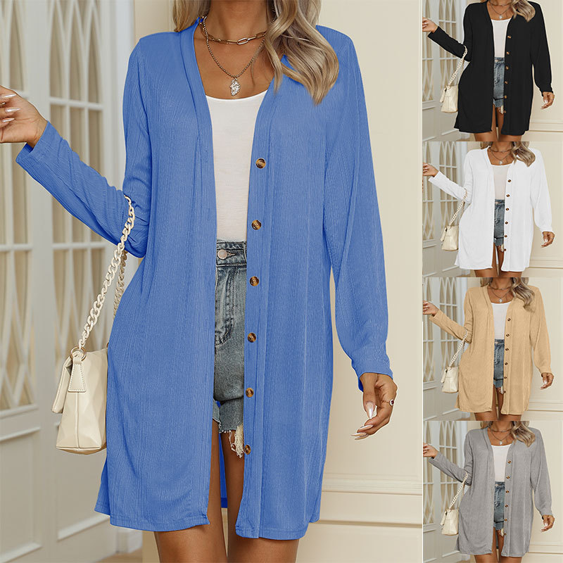 Autumn And Winter Europe And The United States New TEMU Women's Long Button Solid Color…