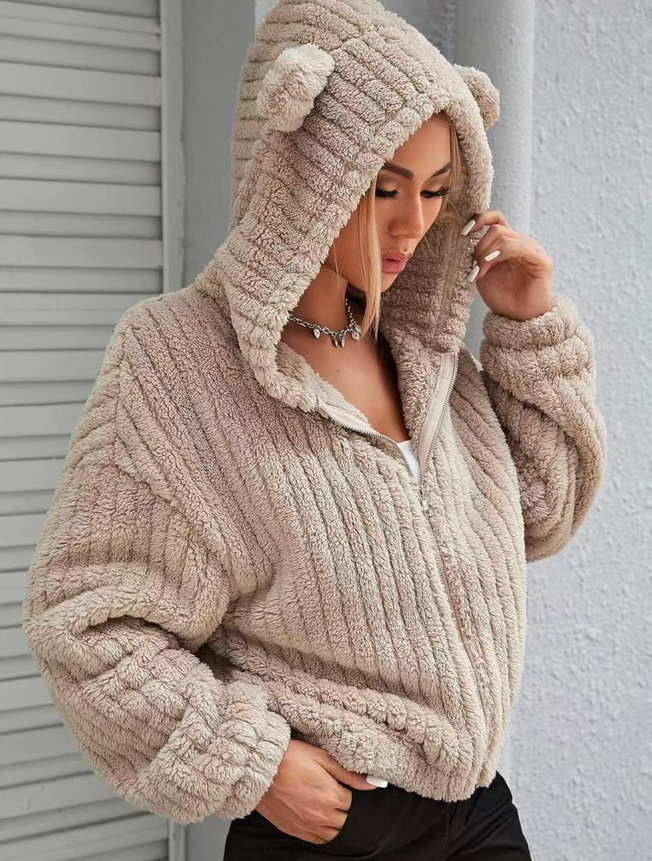 European And American Popular Solid Color Double-Sided Plush Zipper Cardigan With Ear…