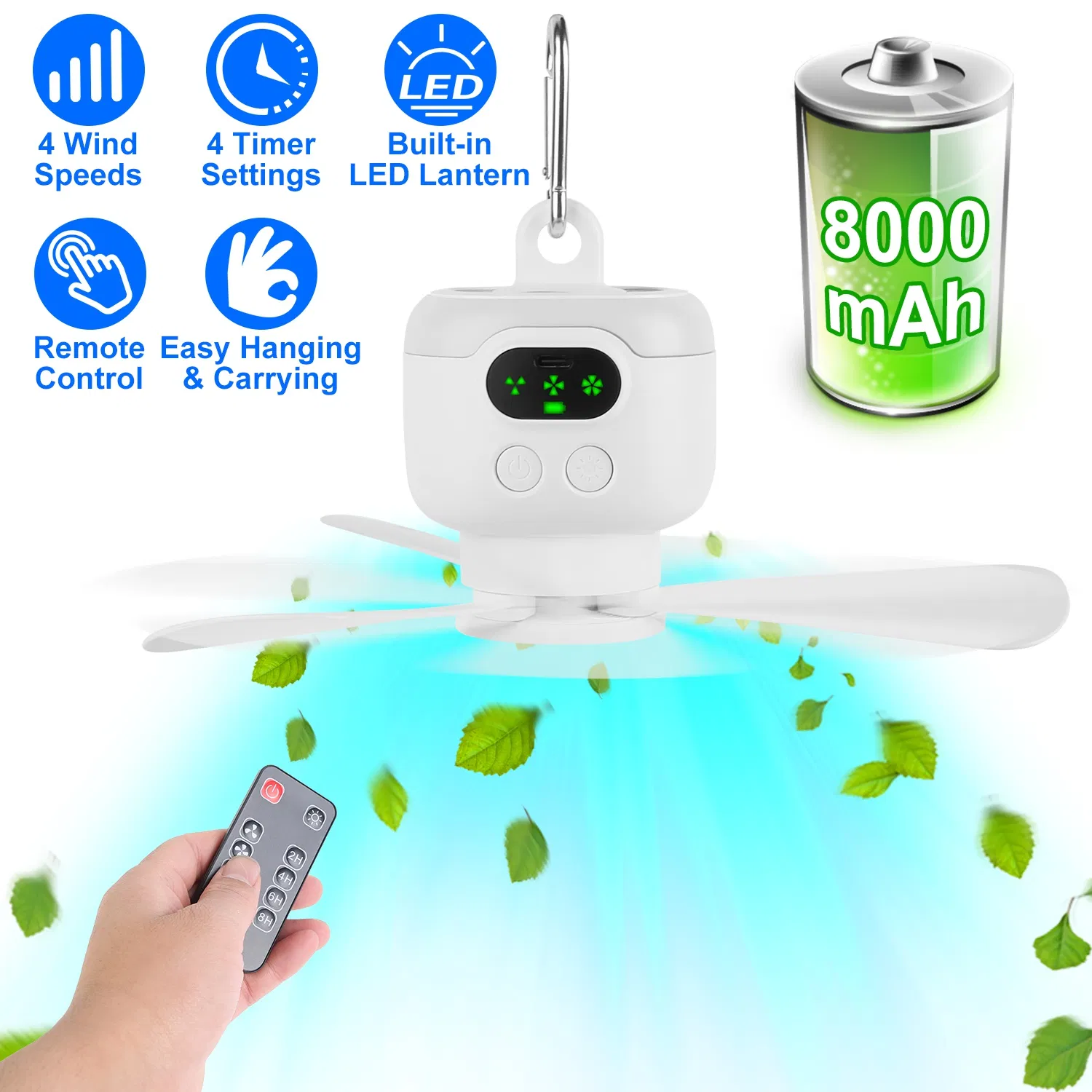 2-in-1 Portable Camping Fan with LED Lantern 8000mAh Battery Powered Tent Fan with…