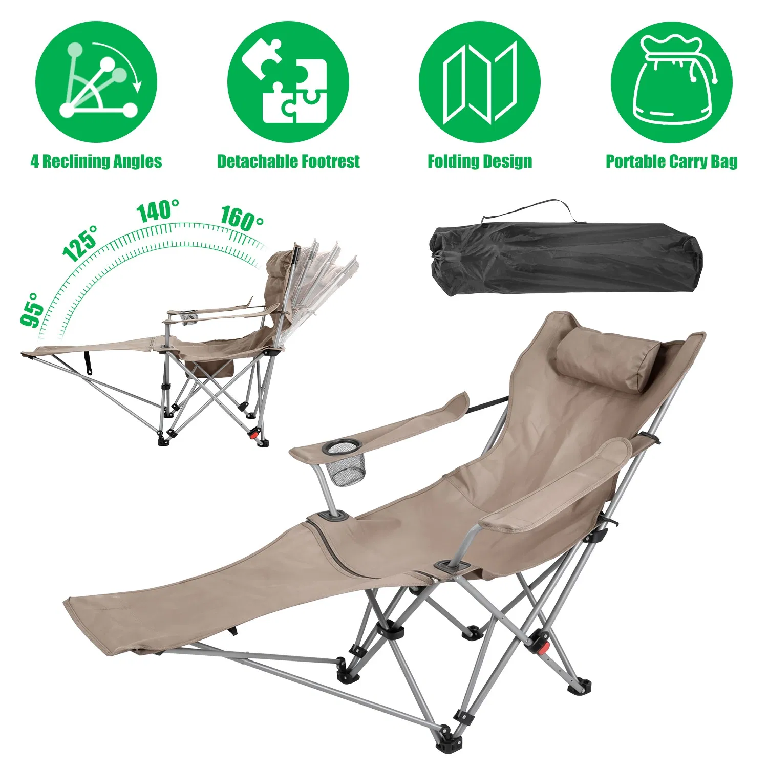 1-Pack Reclining Camping Chair with Footrest 4-Position Adjustable Outdoor Folding Chair…