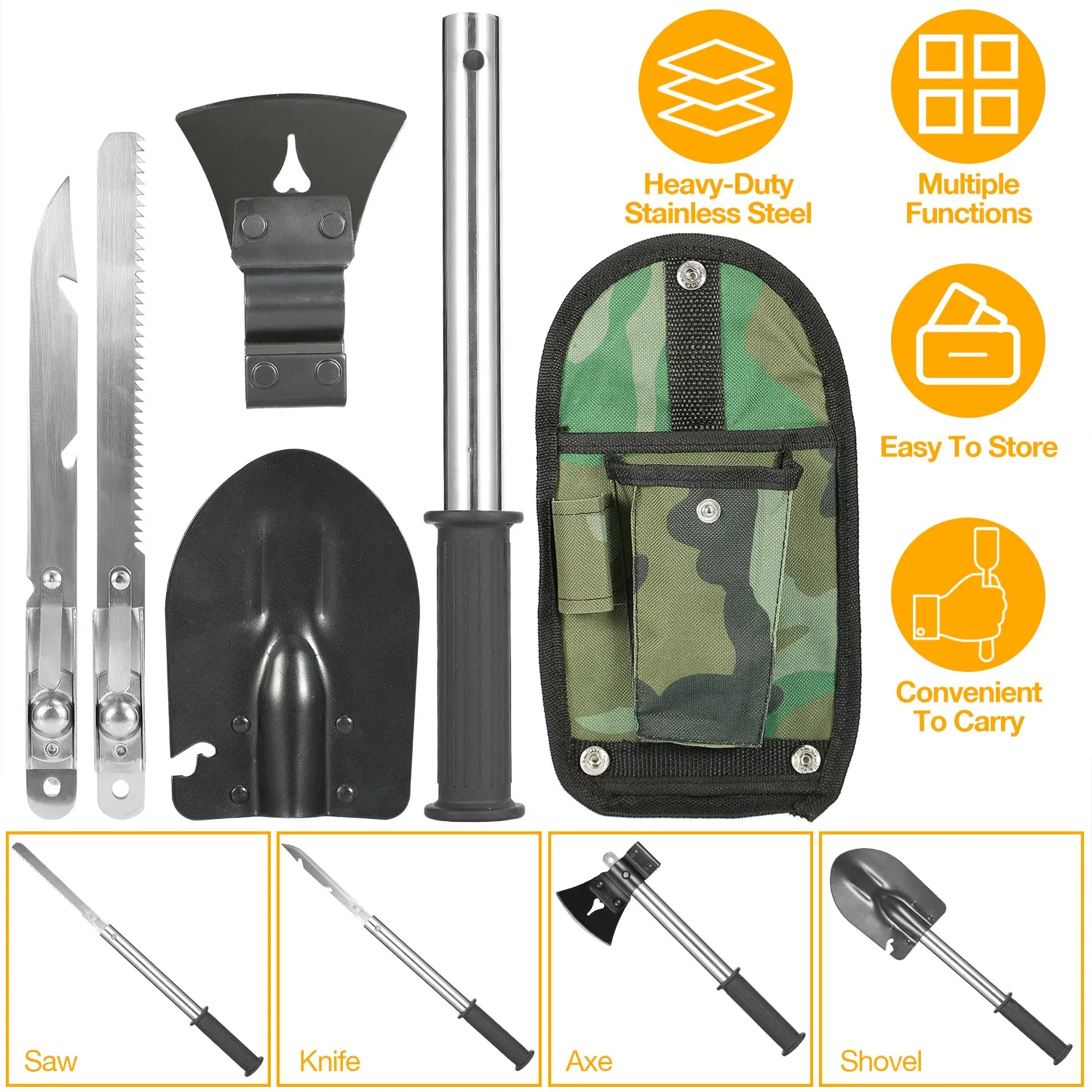 6-in-1 Multi Tool Survival Kit Shovel Knife Axe Saw Nail Puller w/ Pouch Outdoor Gear…