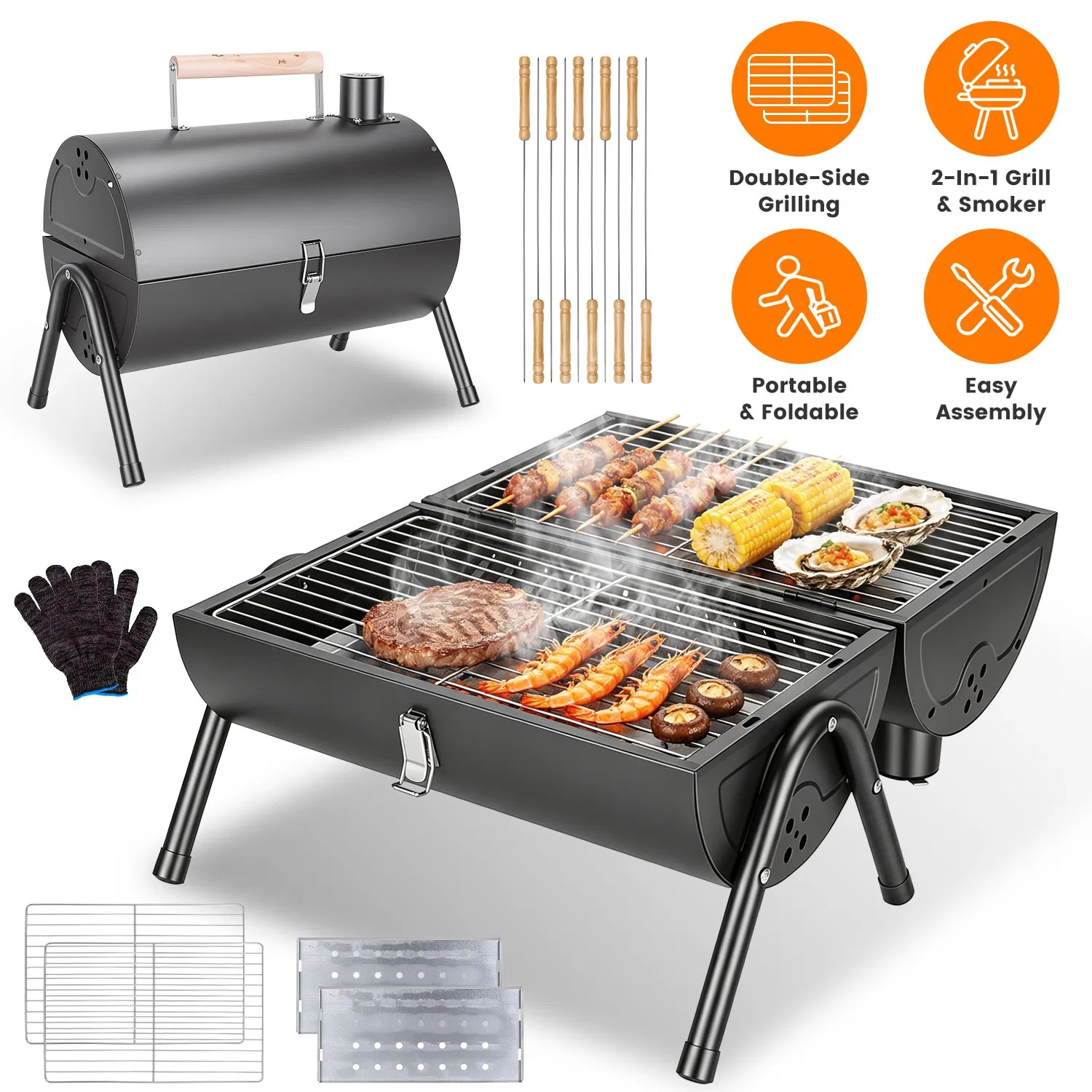 Portable Charcoal Grill Foldable BBQ Grill with Double-Sided Cooking Design, Chimney…