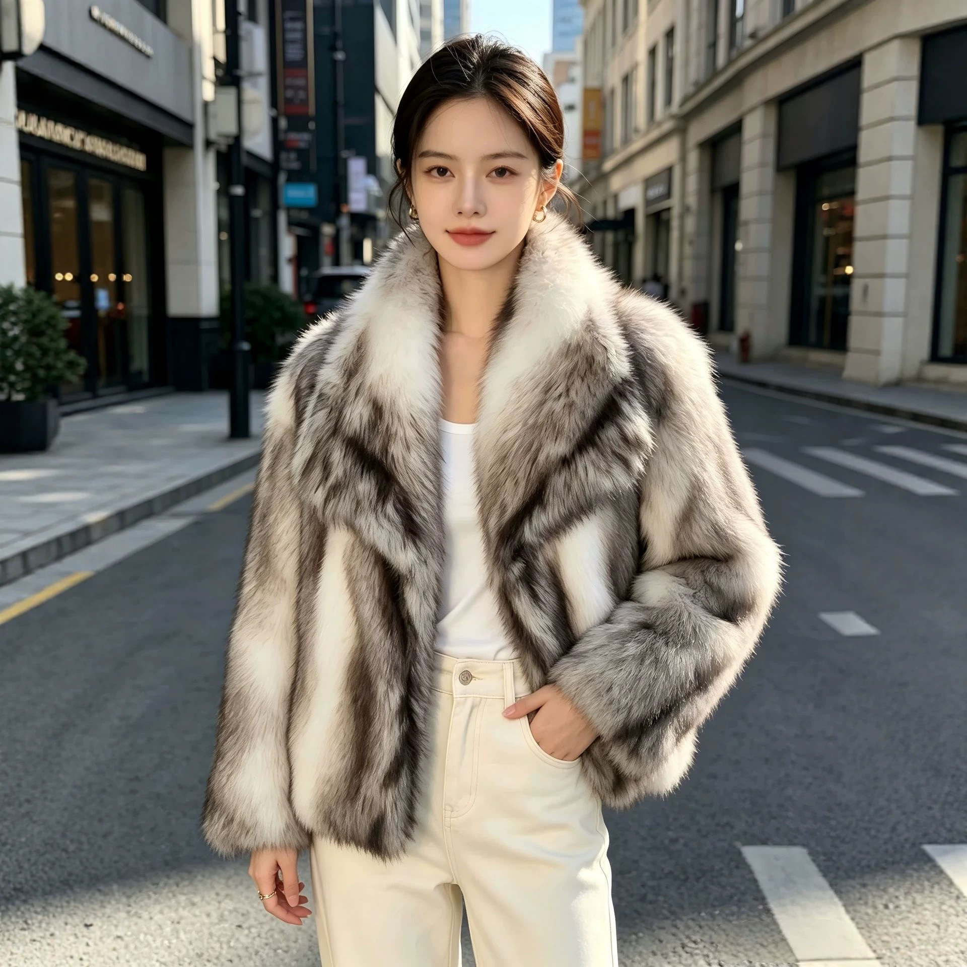 Women's Large Lapel Color-block Plush Jacket