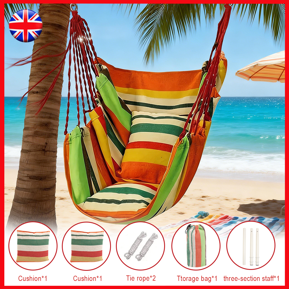1 Set Portable Hanging Hammock Chair Swing Garden Outdoor Camping W&2 Cushions