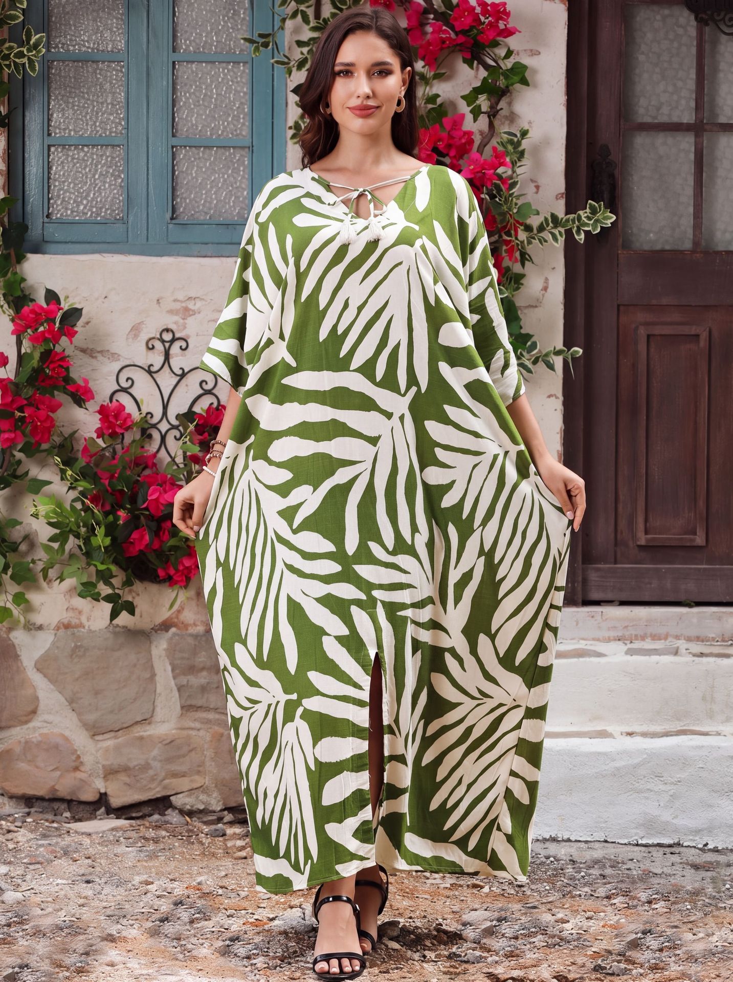 Women's V Neck Kaftan Dress, Loose Maxi Beach Cover Up,One Size