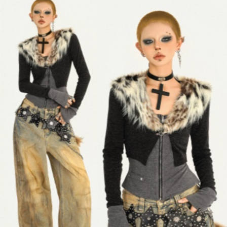 Spicy Girl Leopard-Print Knitted Cardigan With Fur Collar Designed As A Fake Two-Piece Top