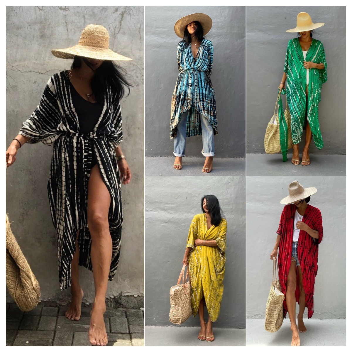 Tie Dye Open Front Long Kimono Swimsuit Coverup For Women