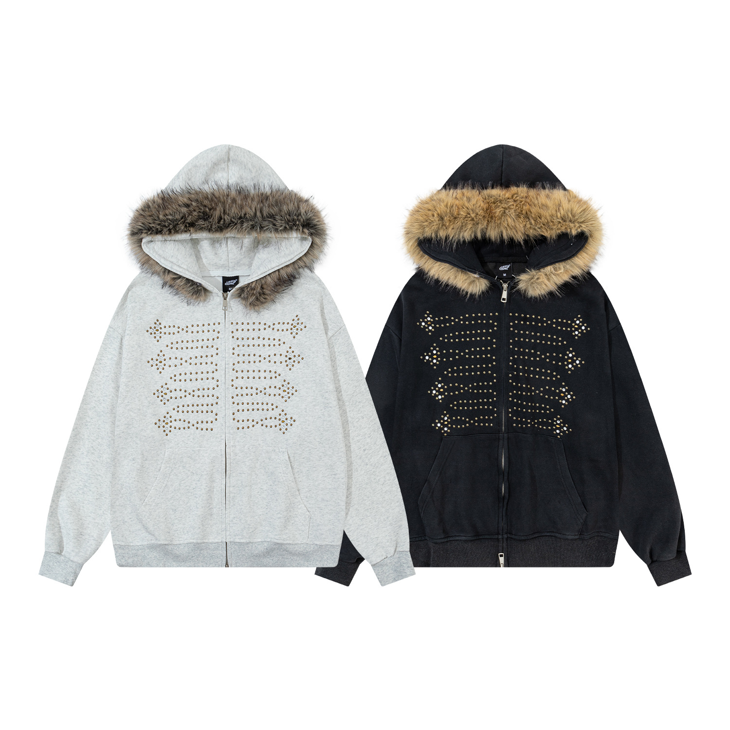 Detachable Fur Collar Rhinestone Detailing Washed Finish Zip-up Hoodie