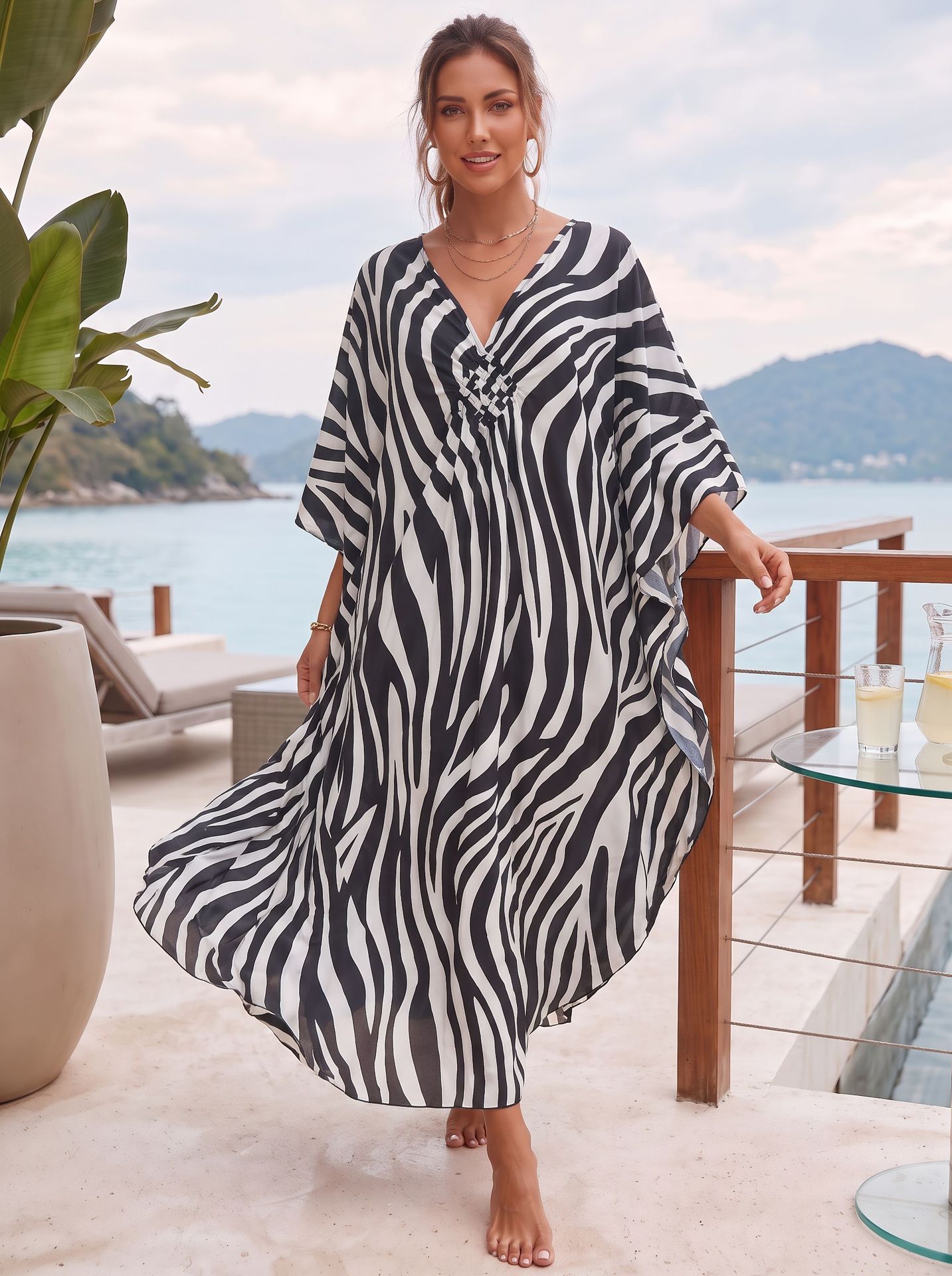 Zebra Printing Beach Cover-ups V-Neck Batwing Sleeves Summer Caftan Dress