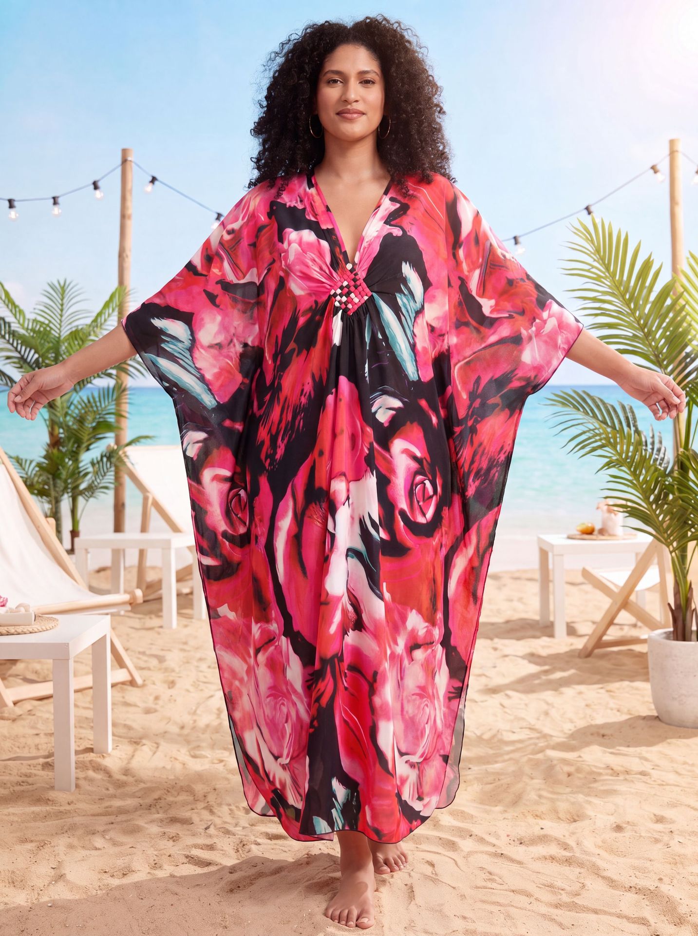 Red Floral Kaftan Beach Outerwear Long Bathing Suit Cover Up Maxi Beach Dress Loungewear