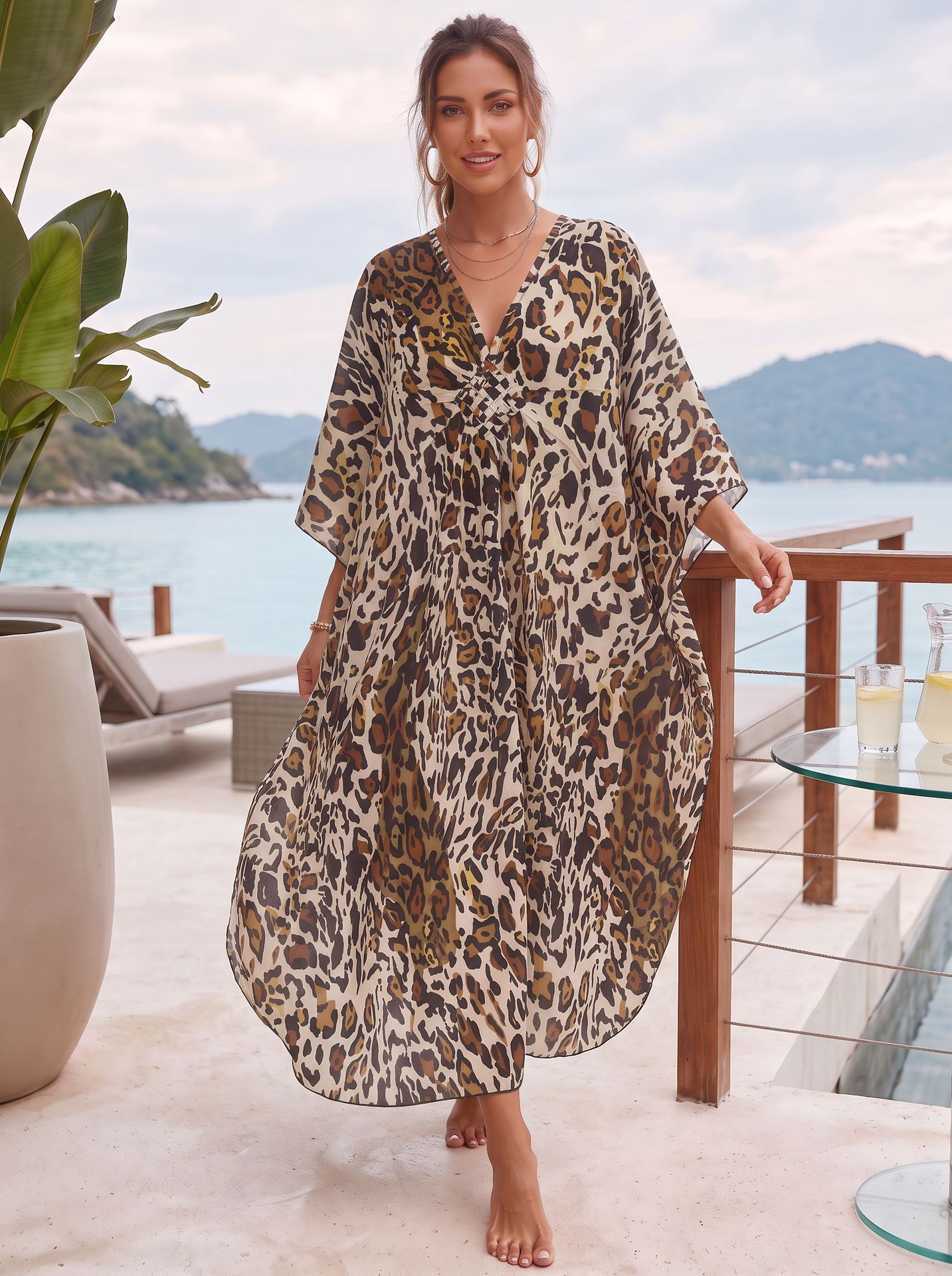 Leopard Print Front-woven Rayon Beach Cover-up For Women, Suitable For Seaside Vacations