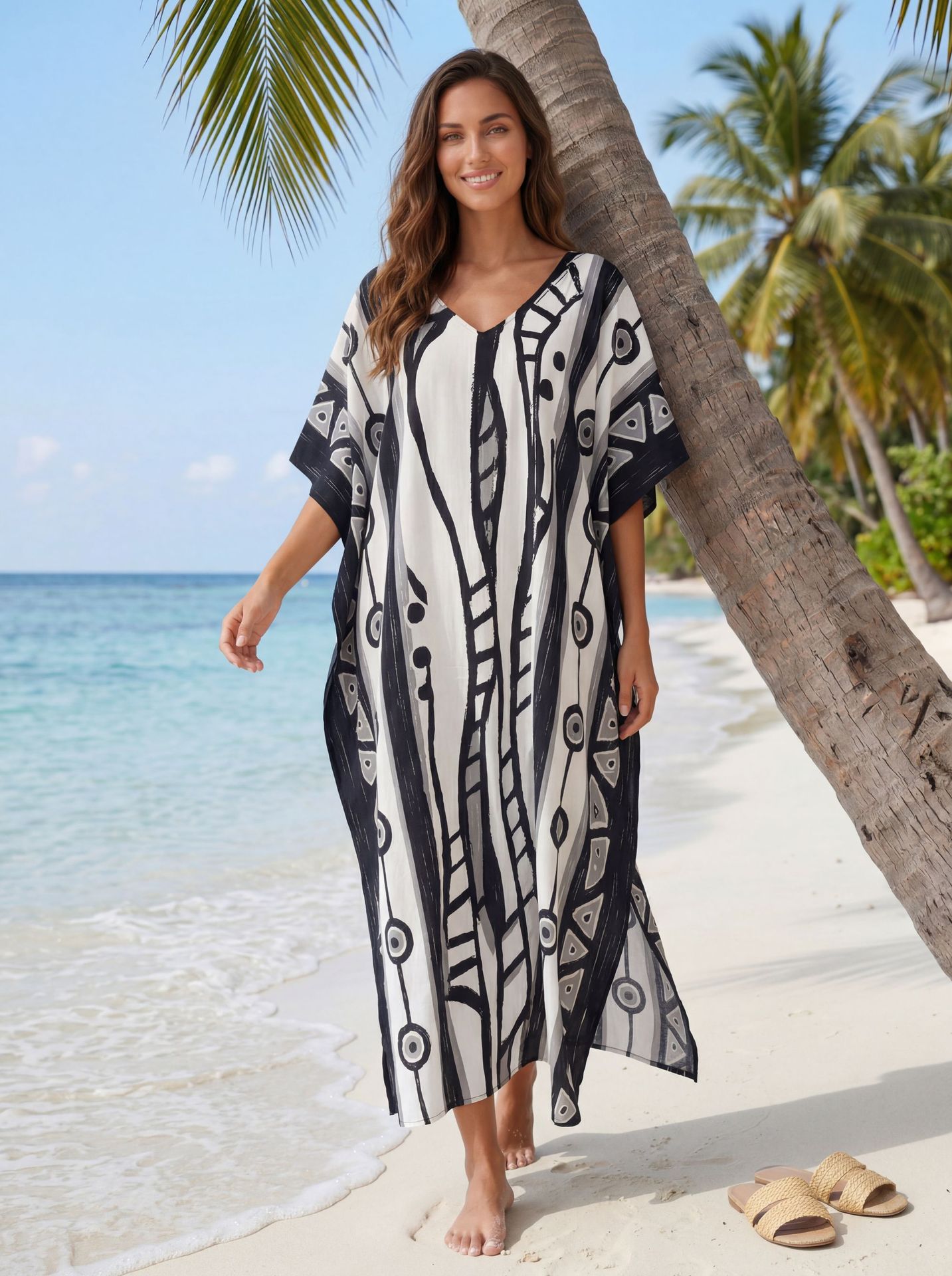 Women's Plus Size Loose Fit Print Beach Dress V-Neck Batwing Kaftan Bathing Suit Cover Up