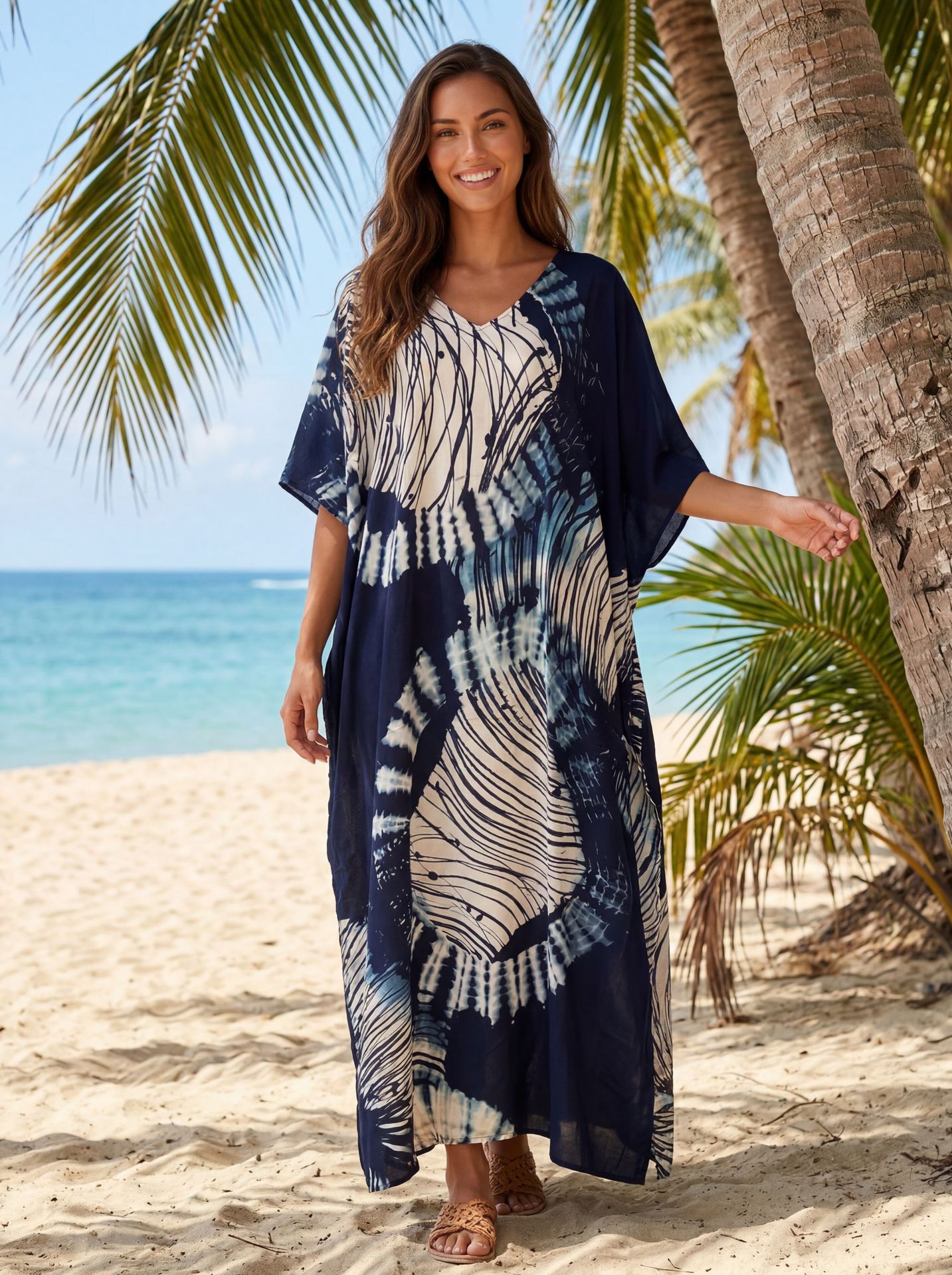 Women's V-neck Long Kaftan Geometric Printing Dress Beach Bikini Cover Ups
