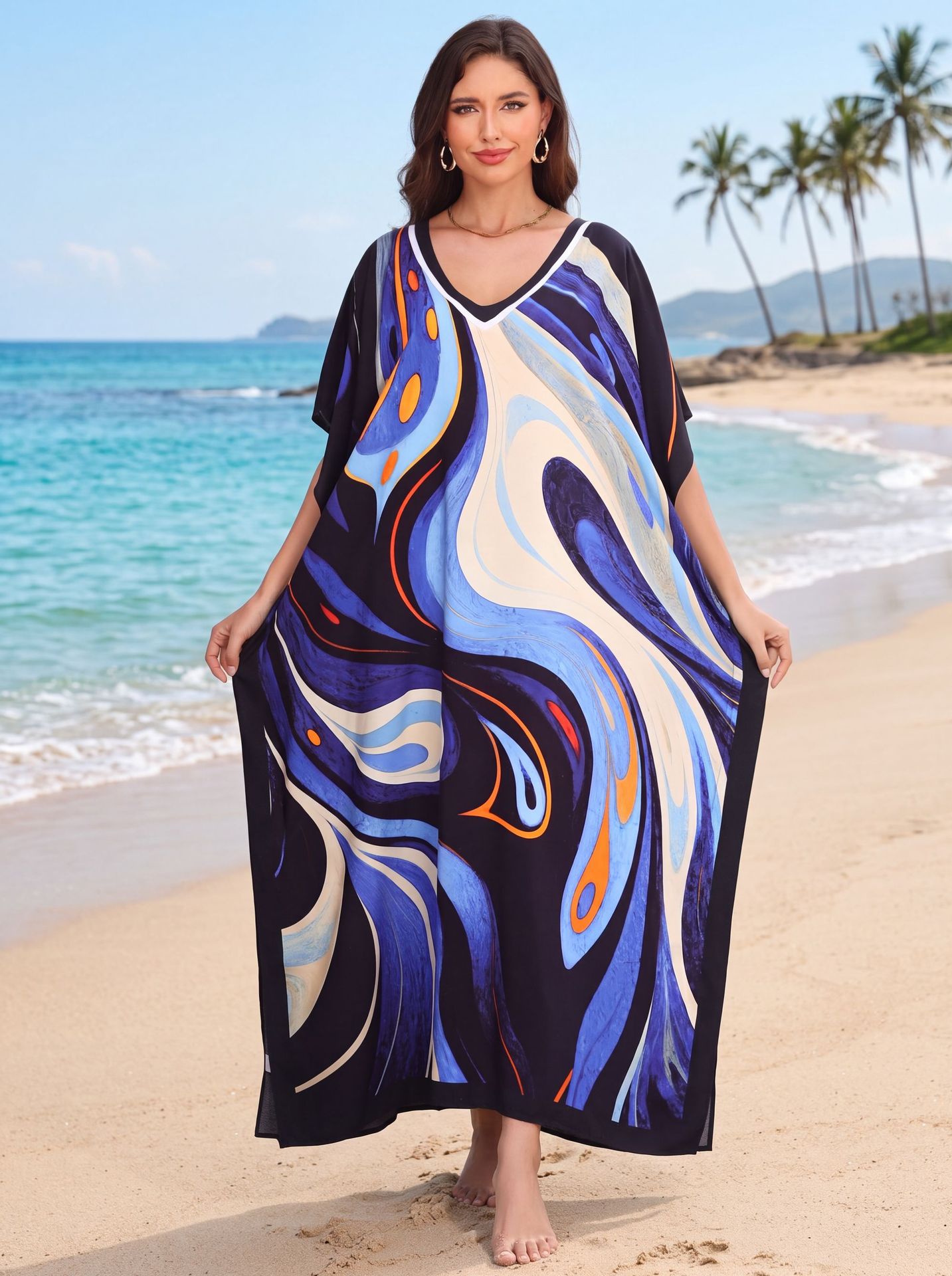 Kaftan Cover Up For Women V Neck Batwing Sleeve Plus Size Caftan Dress
