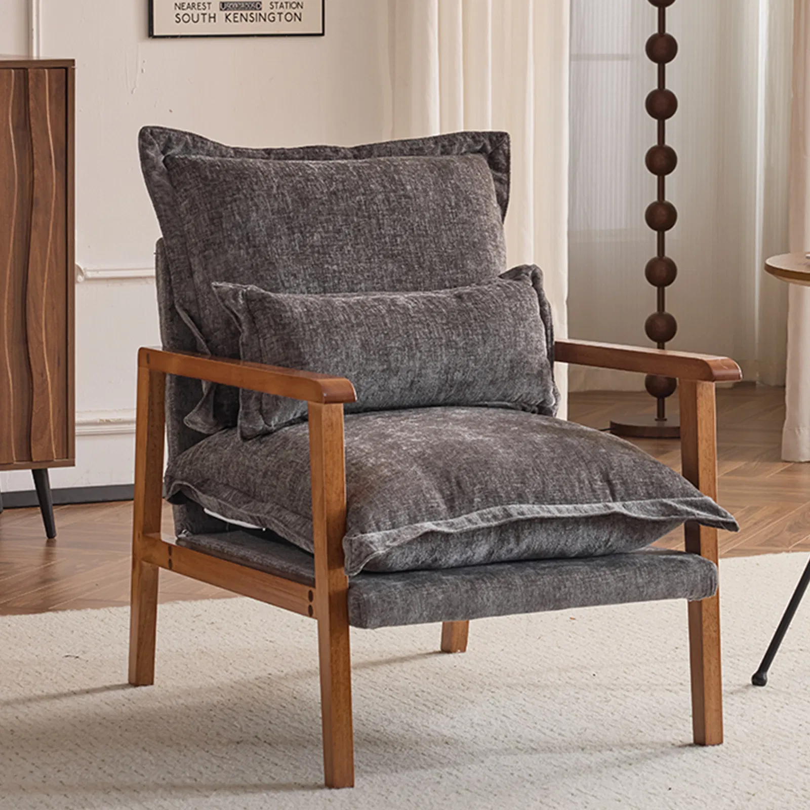 Cloud Shaped Indoor Leisure Chair with Solid Wood Armrest & Solid Wood Frame, Chenille…