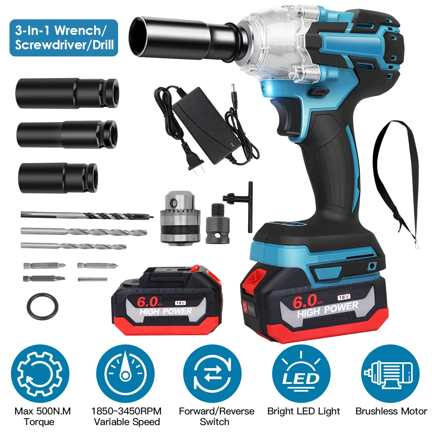 3-In-1 Cordless Electric Impact Wrench Drill Screwdriver with Brushless Motor Max 3450RPM…