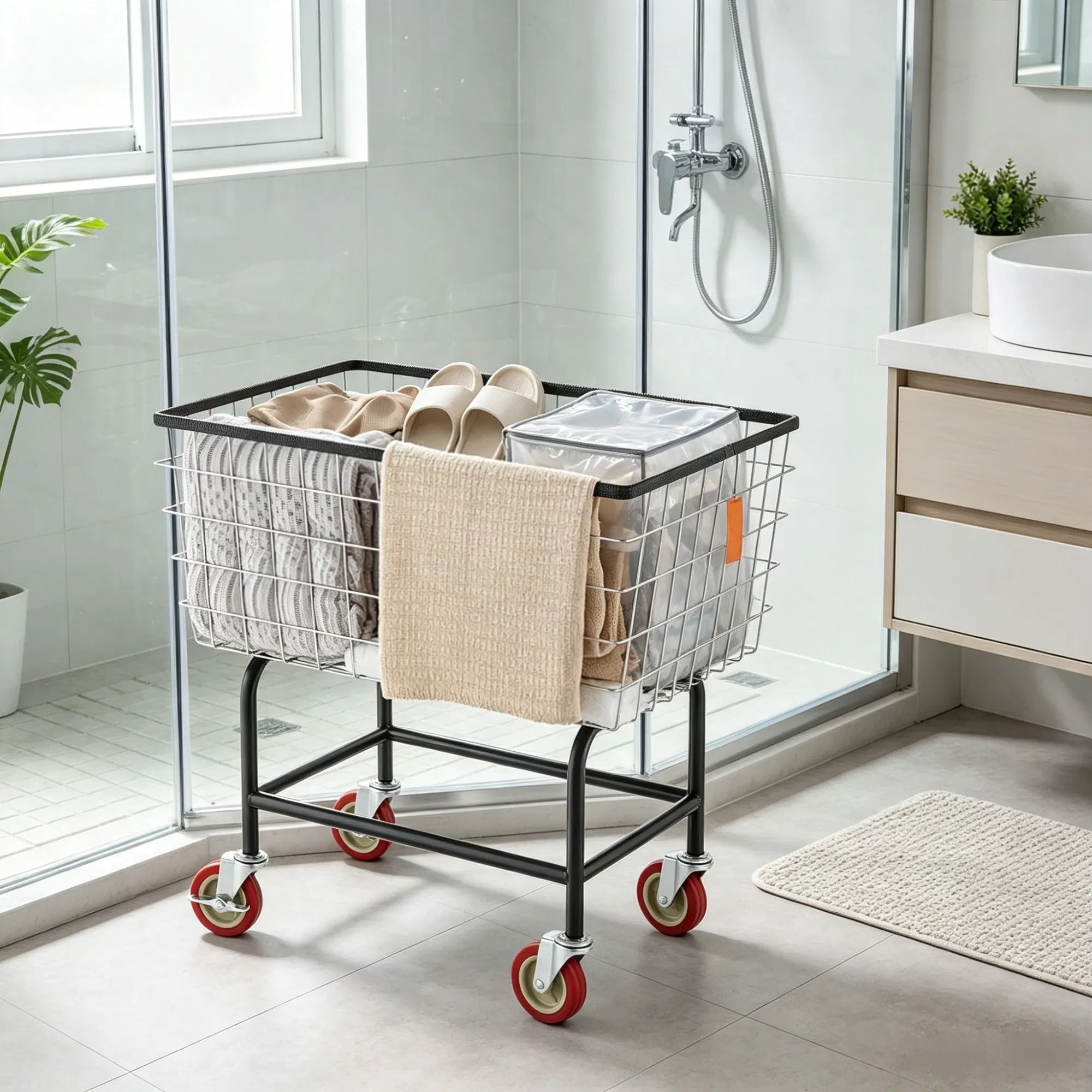 Wire Laundry Cart, 2.8 Bushel Wire Laundry Basket with Wheels, 26.7" x 21.7" x 26.4"…