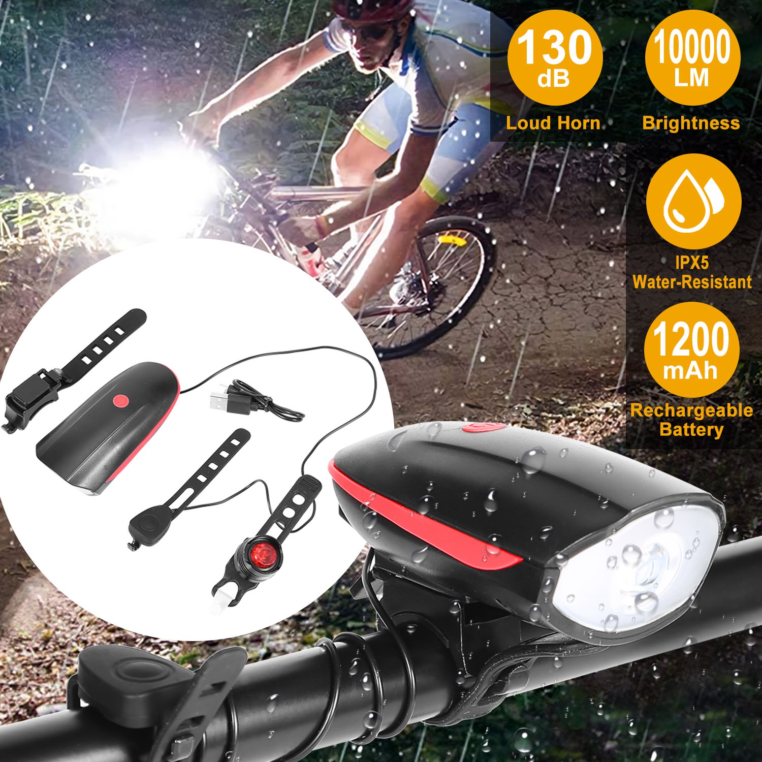 Bike Headlight USB Rechargeable LED Bicycle Front Light Rear Tail Light With 130dB Loud…